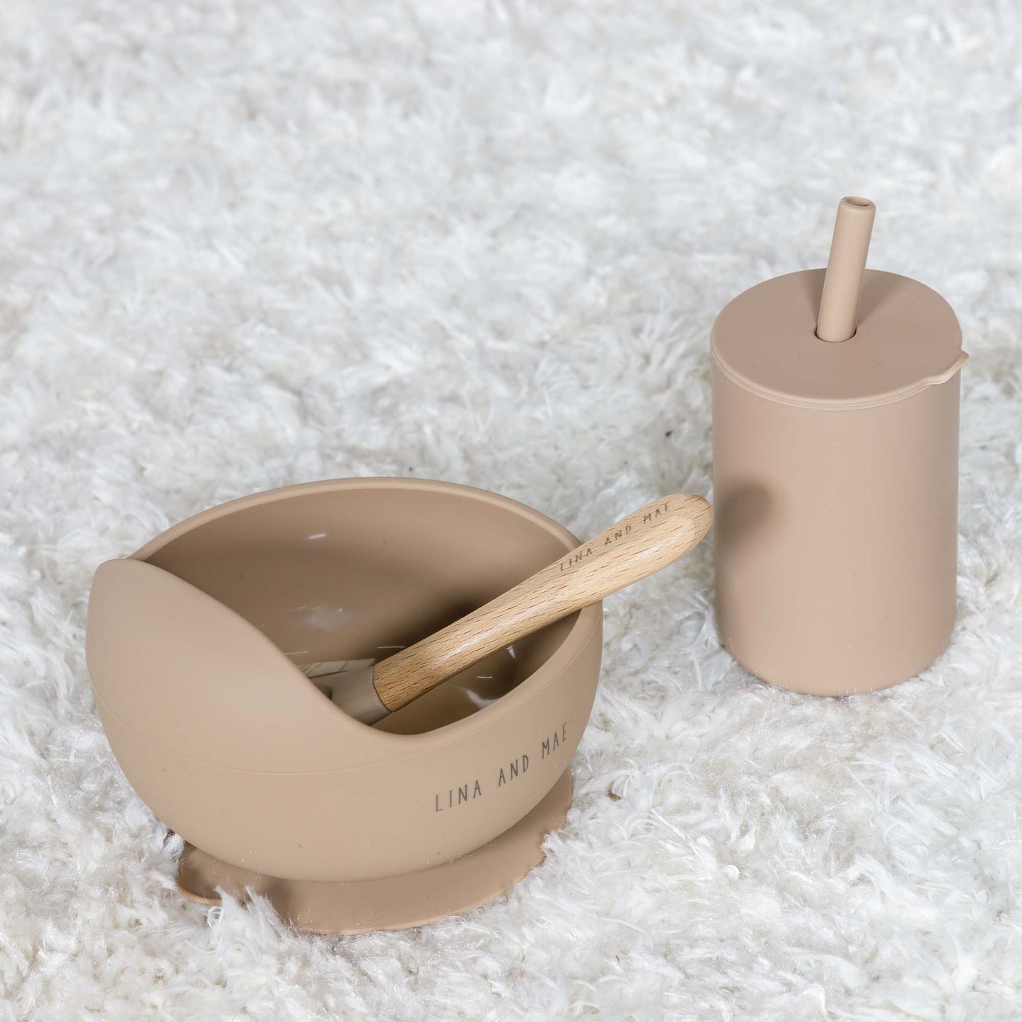 Siliconen Kom met Lepel en Beker Beige